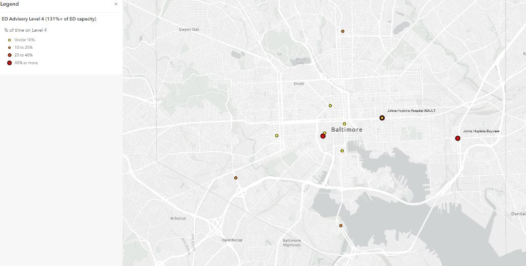 Maryland emergency department advisory level 4 capacity map